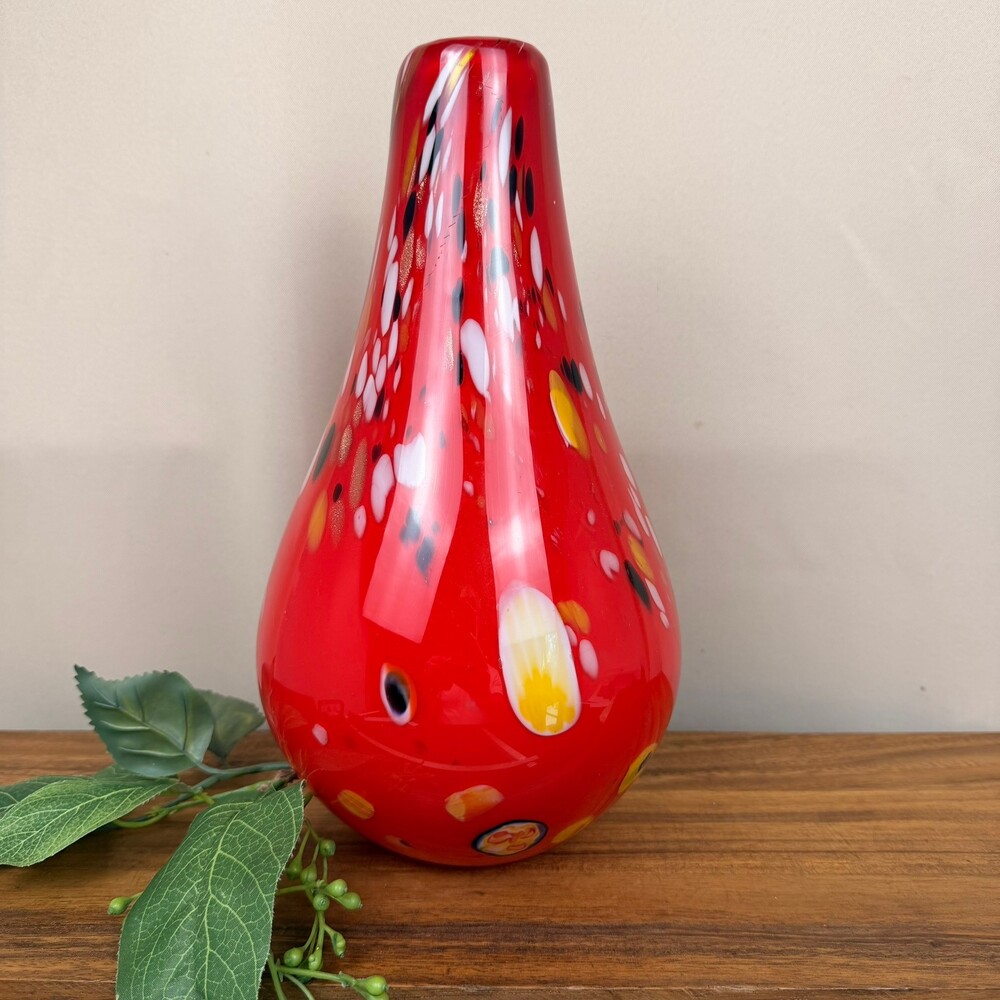 Red Murano Style Teardrop Vintage Studio Art Glass 12" Vase Abstract Pattern